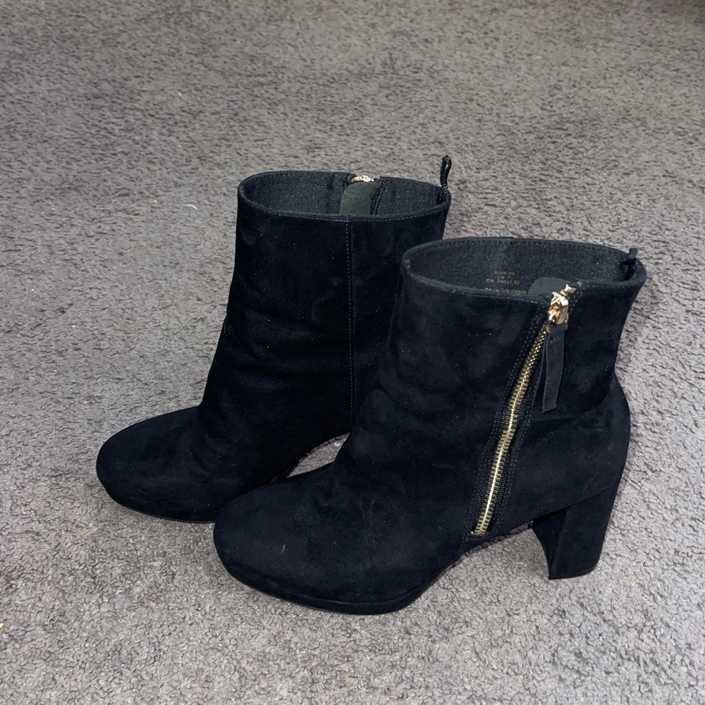 H&M Black Suede Platform Boots with Gold Color Side Zipper